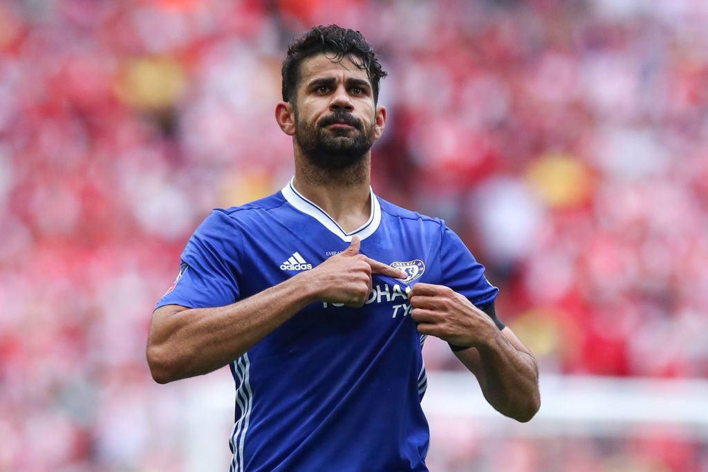 Diego Costa of Chelsea celebrates after scoring a goal to make it 1-1 during the Emirates FA Cup Final match between Arsenal and Chelsea at Wembley...