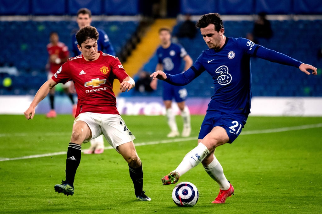 Daniel James of Manchester United competes with Ben Chilwell of Chelsea during the Premier League match between Chelsea and Manchester United at St...
