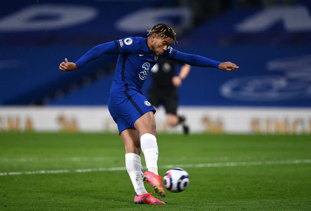 Reece James of Chelsea shoots during the Premier League match between Chelsea and Manchester United at Stamford Bridge on February 28, 2021 in Lond...