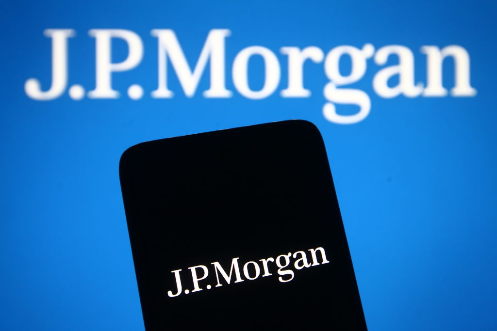 In this photo illustration, JPMorgan logo is seen on a