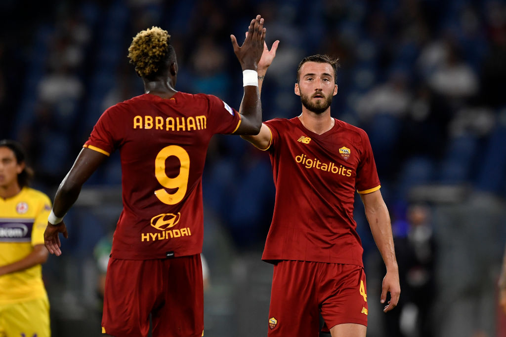 Tammy Abraham and Bryan Cristante of AS Roma greet each
