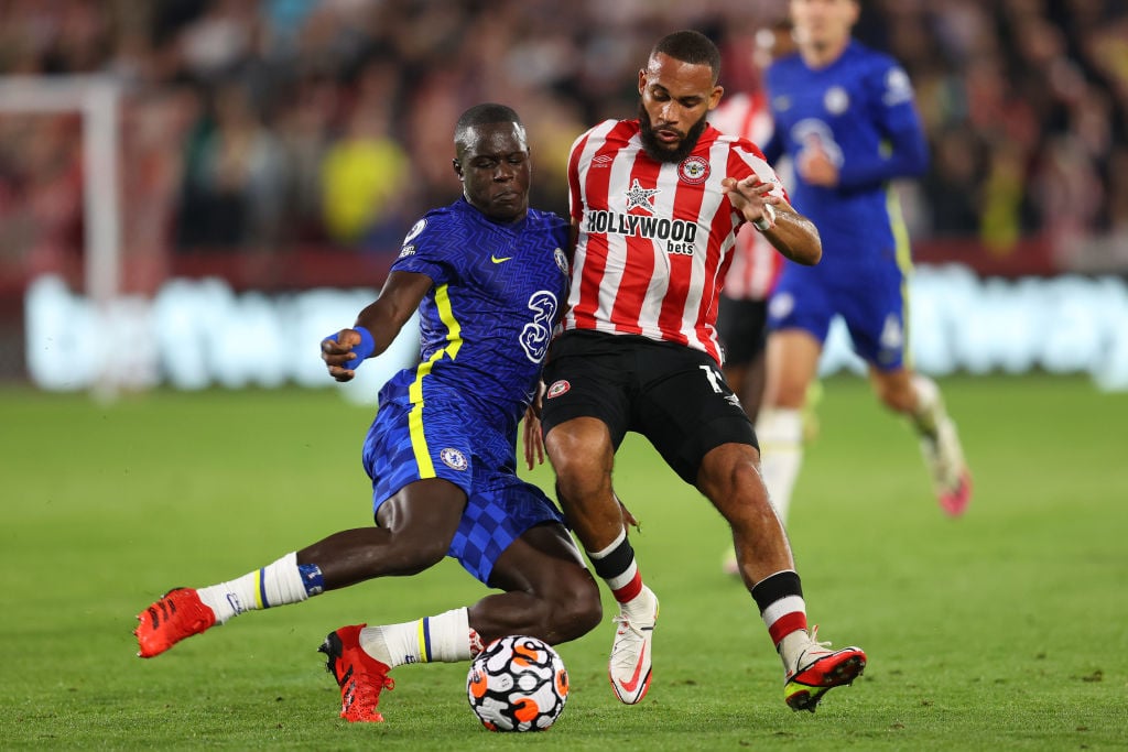 Bryan Mbeumo of Brentford and Malang Sarr of Chelsea battle for possession during the Premier League match between Brentford and Chelsea at Brentfo...