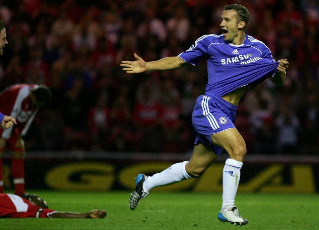 Andriy Shevchenko of Chelsea celebrates scoring the opening goal