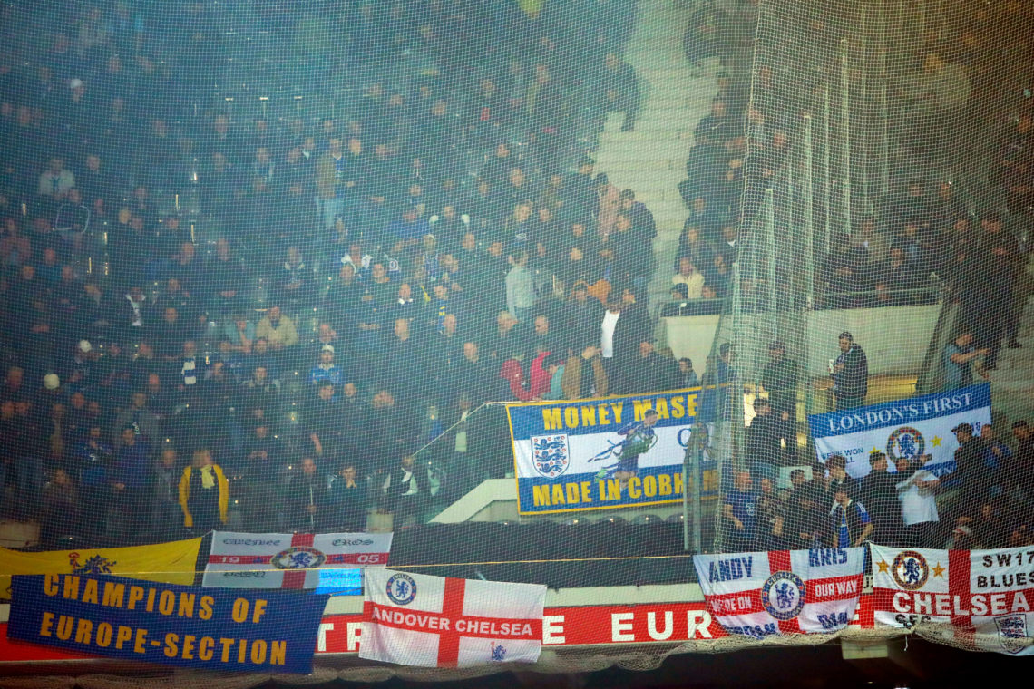 General view of Chelsea fans in front of a 'Cyprus Blues' banner