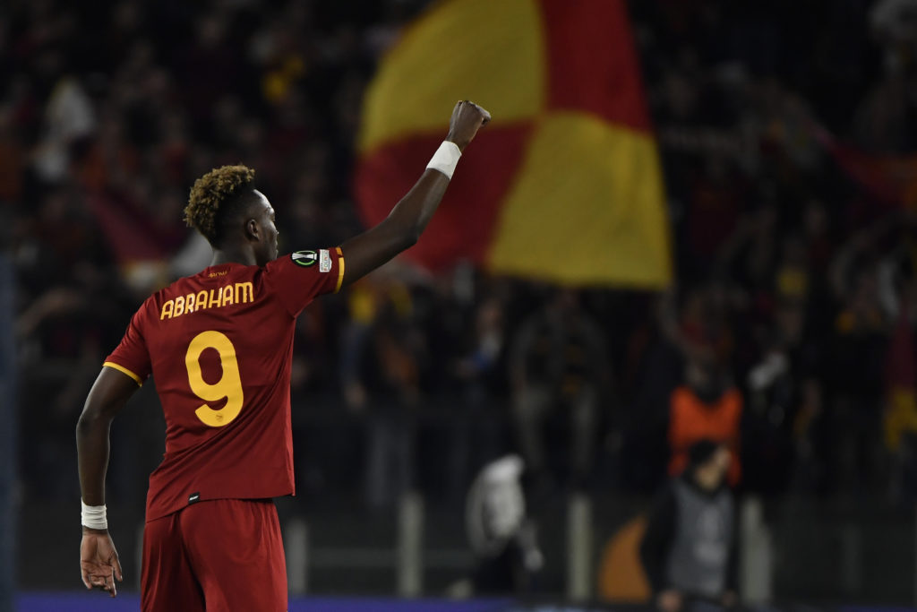 Tammy Abraham of AS Roma celebrates after scoring the goal