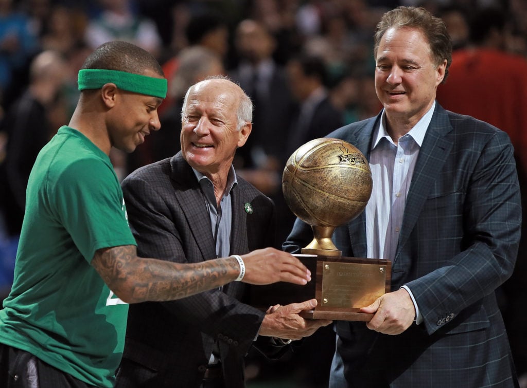 (Boston, MA, 04/13/16) Isaiah Thomas wins Red Auerbach Award, as het receives from Celtics owners, Robert Epstein and Stephen Pagliuca before the NBA game against the Miami Heat at the TD Garden on Wednesday, April 13, 2016. Staff photo by Matt St