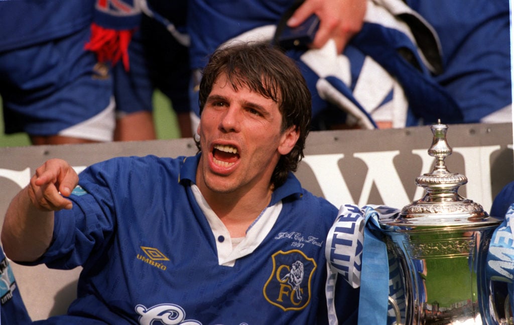 Football, 1997 FA Cup Final, Wembley, 17th May, 1997, Chelsea 2 v Middlesbrough 0, Chelsea's Gianfranco Zola celebrates with the trophy after the p...