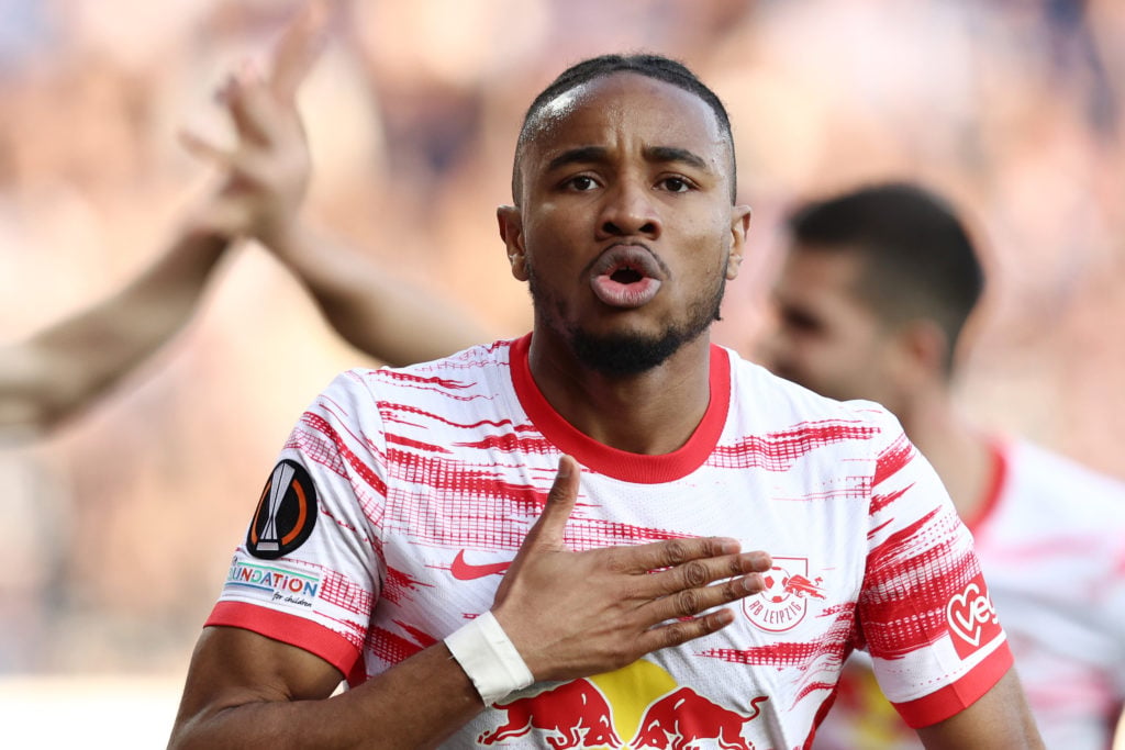 Christopher Nkunku celebrates after scoring for RB Leipzig