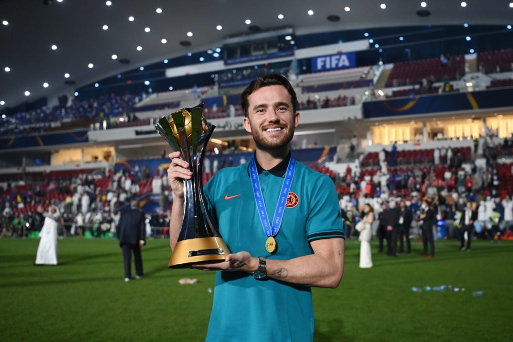 Ben Chilwell pictured with the Club World Cup trophy in 2021 after Chelsea win the final.