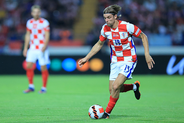 OSIJEK, CROATIA - JUNE 03: Borna Sosa of Croatia runs with the ball during the UEFA Nations League League A Group 1 match between Croatia and Austr...