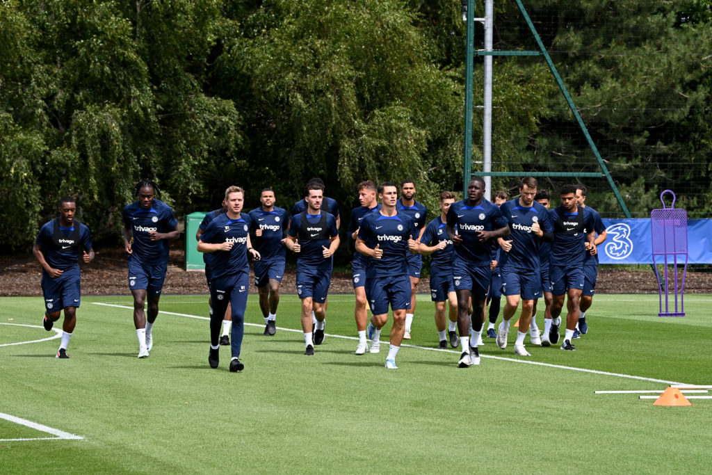 Chelsea players during a training session at Chelsea Training Ground on July 2, 2022 in Cobham, England.