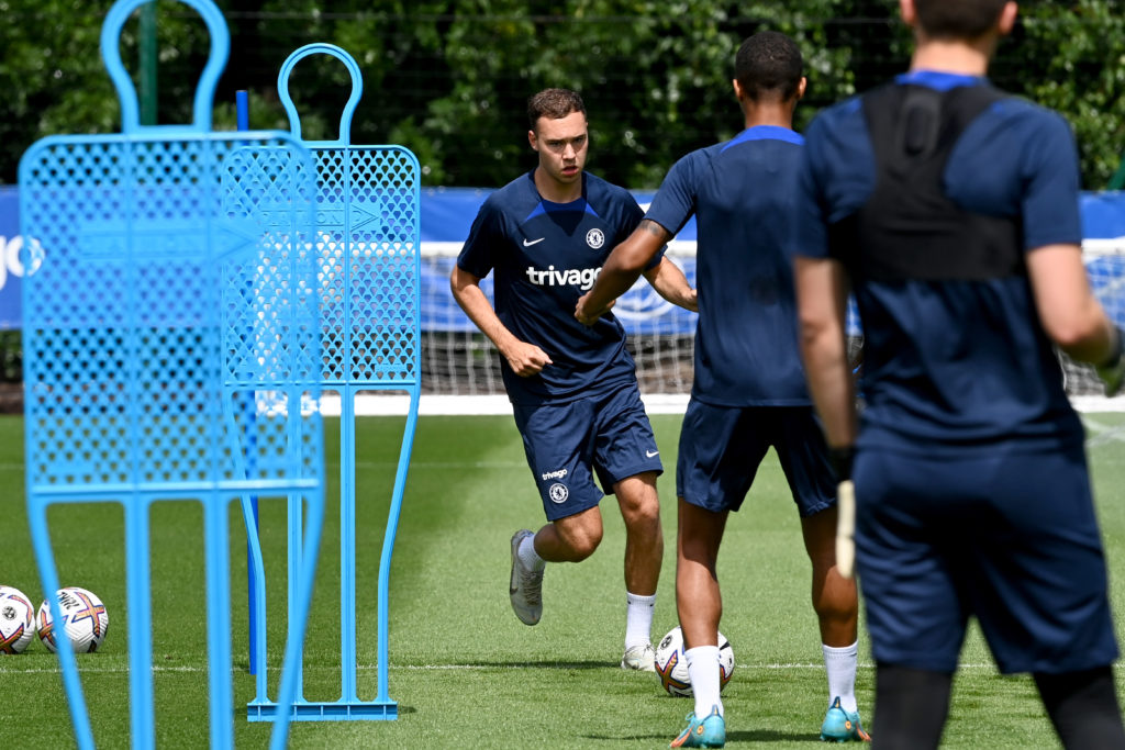 Harvey Vale of Chelsea in action during a training session at Chelsea Training Ground on July 4, 2022 in Cobham, England.