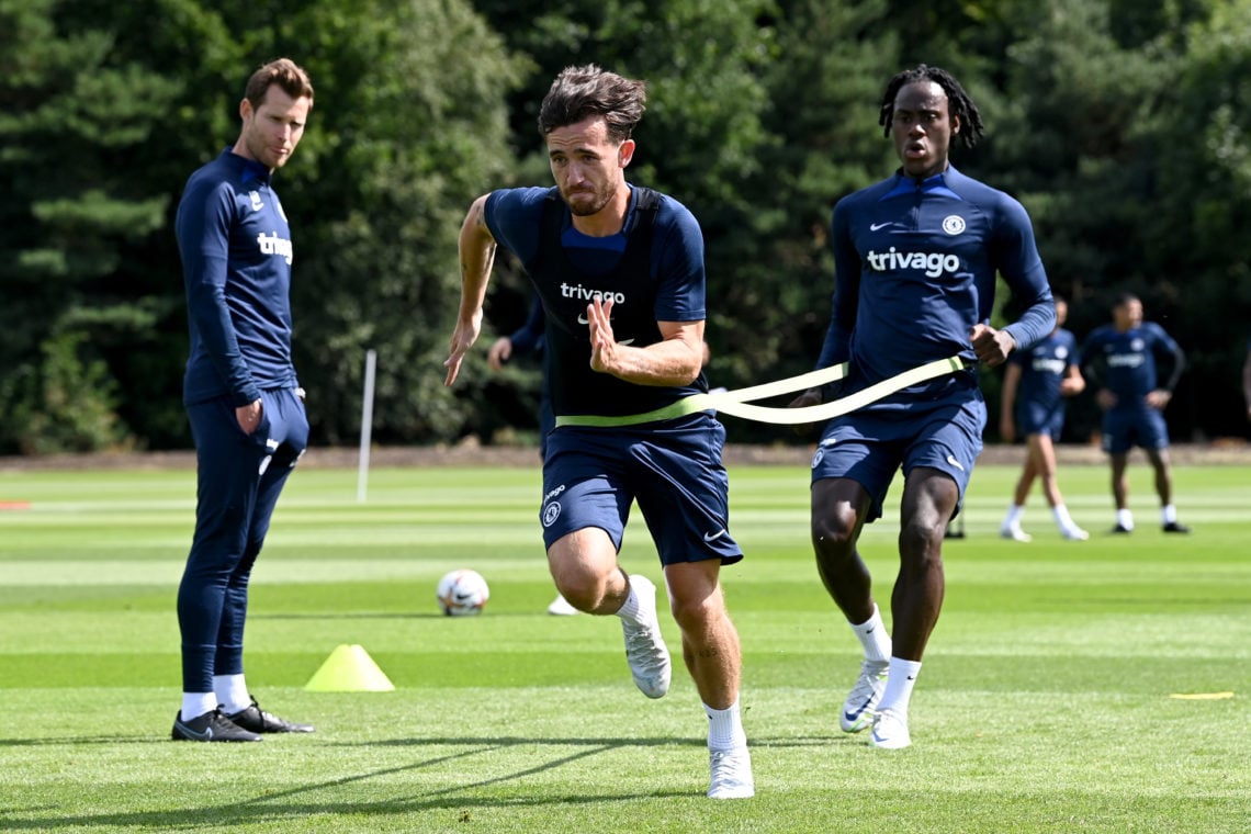 Ben Chilwell and Trevoh Chalobah of Chelsea during a training session at Chelsea Training Ground on July 5, 2022 in Cobham, England.