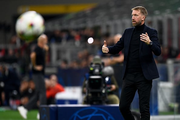 Graham Potter, head coach of Chelsea FC, gestures during the