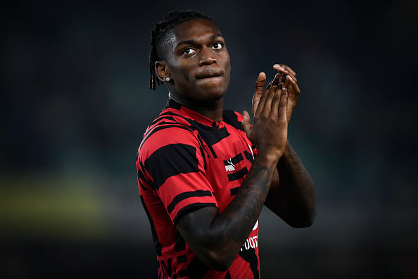Rafael Leao of AC Milan gestures during warm up prior to the...