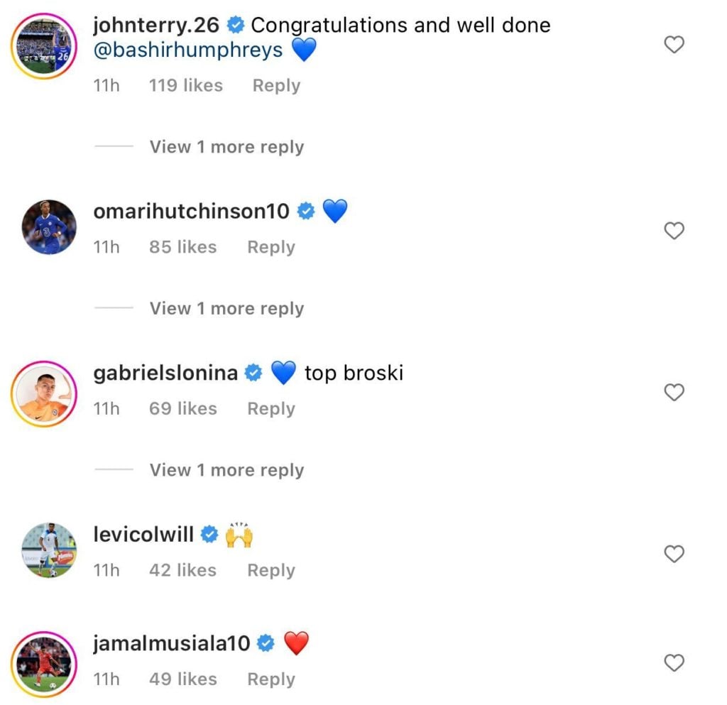 Jamal Musiala and John Terry commenting on Bashir Humphreys' Instagram