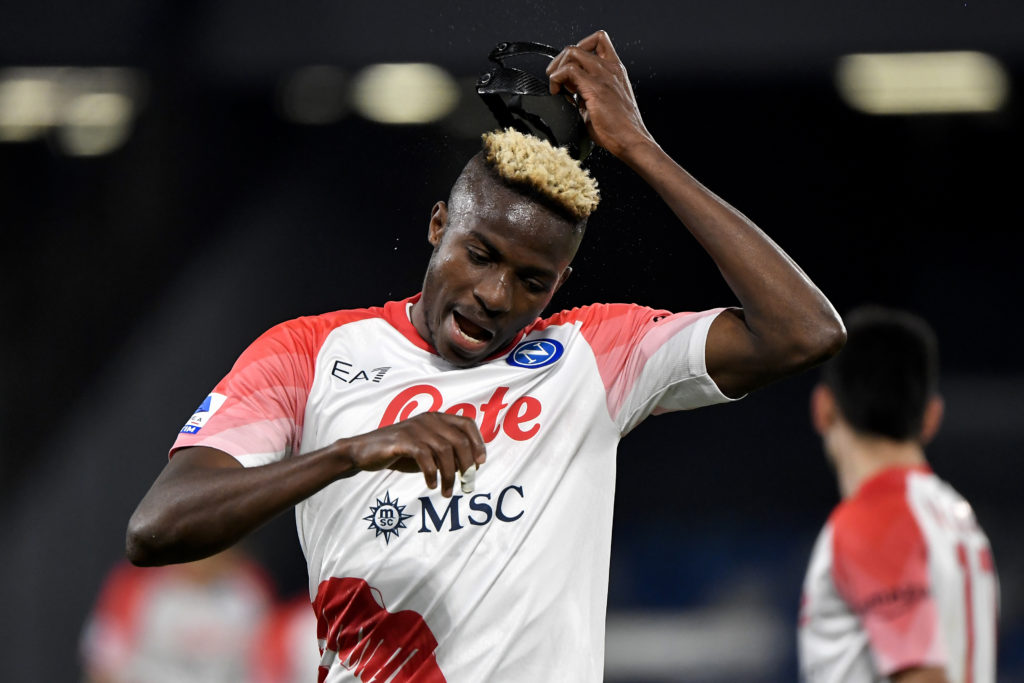Victor Osimhen of SSC Napoli takes off his mask during the