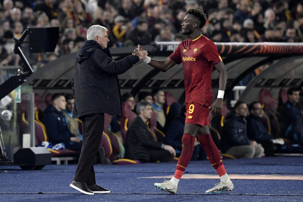 Jose Mourinho coach of AS Roma greets Tammy Abraham during...