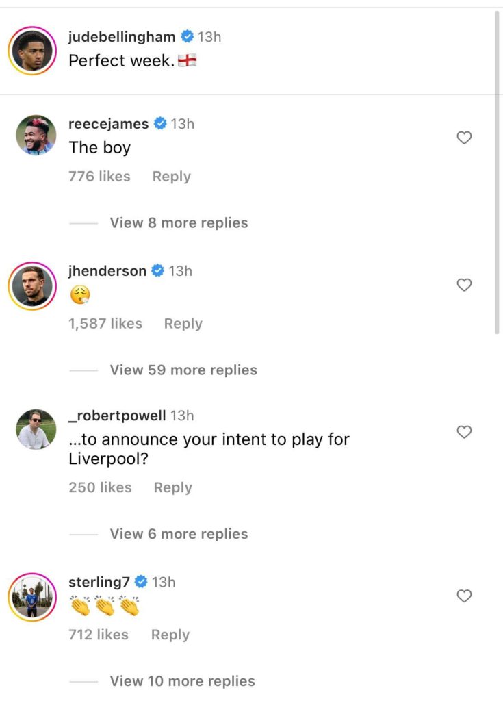 Screengrab of Reece James and Raheem Sterling commenting on Jude Bellingham's Instagram post