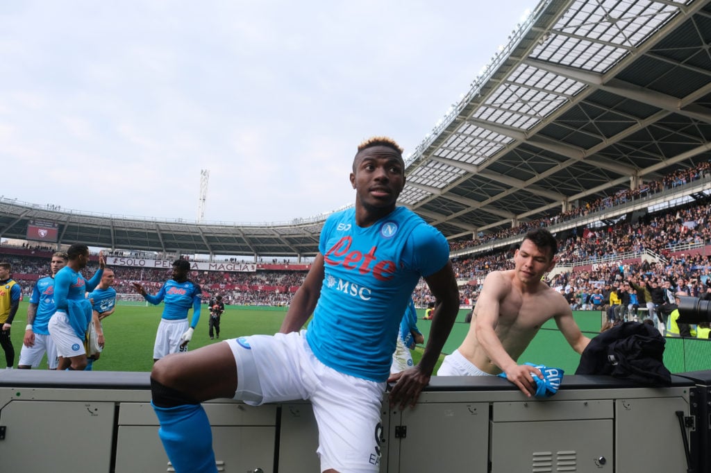 Napoli's Victor Osimhen and Hirving Lozano (R) celebrates at