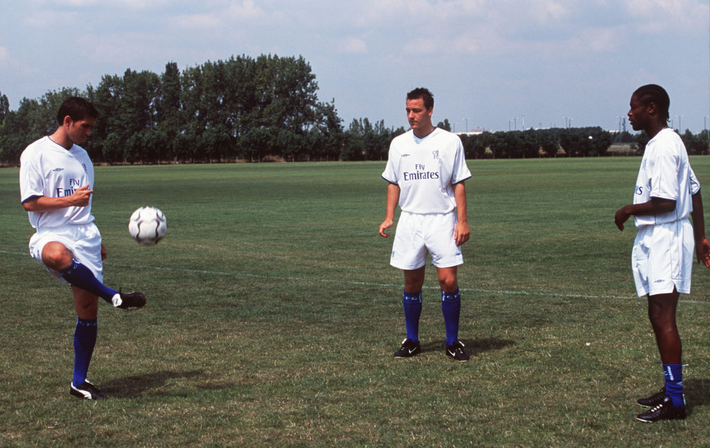 (L to R) Frank Lampard, John Terry and William Gallas play keep-it-up at the launch of the new Chelsea away kit at the Chelsea Training Ground at H...