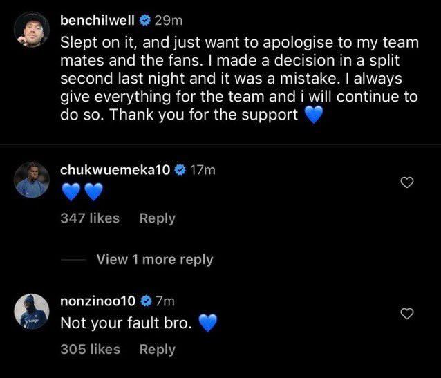 Screengrab of Noni Madueke commenting on Ben Chilwell's Instagram