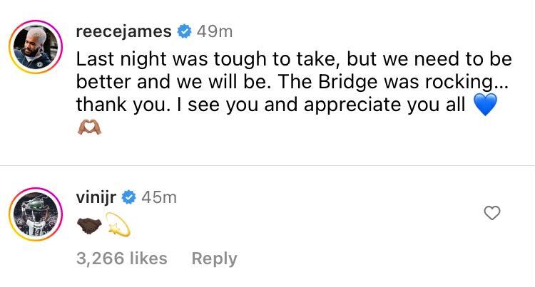 Vinicius Junior responds to Reece James on Instagram
