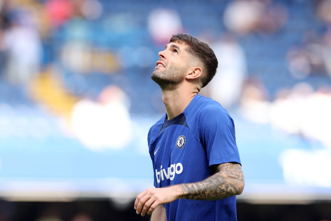 Christian Pulisic of Chelsea looks on during the warm up prior to the Premier League match between Chelsea FC and Newcastle United at Stamford Brid...