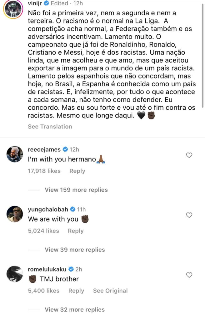 Reece James commenting on Vinicius Jr's Instagram
