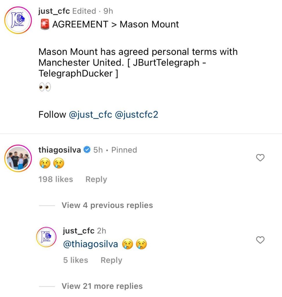 Screengrab of Thiago Silva's comment on Just_CFC's Instagram