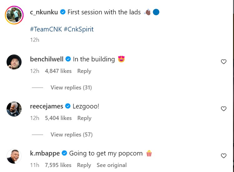 Kylian Mbappe responds to Christopher Nkunku after his first Chelsea training session.