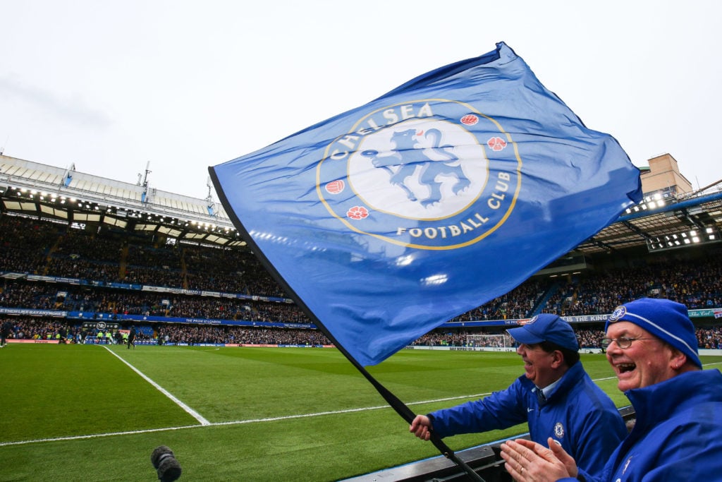 A general view of a Chelsea flag during the Premier League match between Chelsea and Newcastle United at Stamford Bridge on March 13, 2022 in Londo...