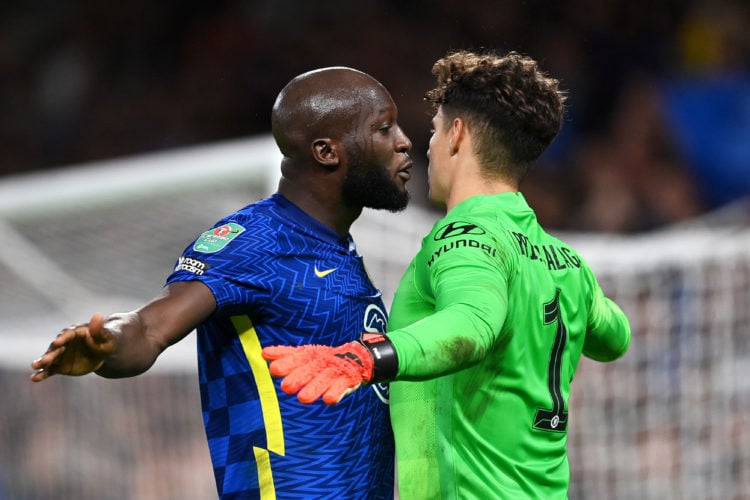 Romelu Lukaku celebrates with Kepa Arrizabalaga of Chelsea after their victory in the Carabao Cup Third Round match between Chelsea and Aston Villa...