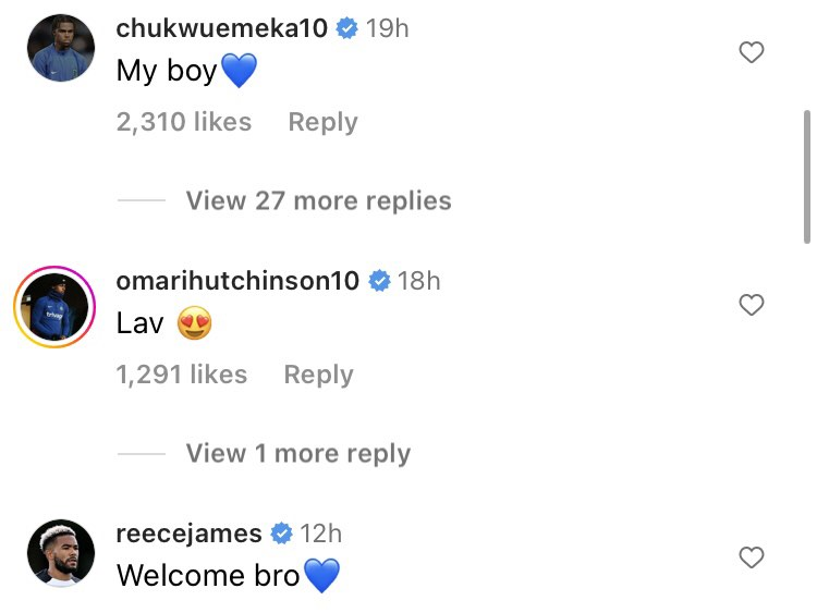 Chelsea players responds to Romeo Lavia on Instagram
