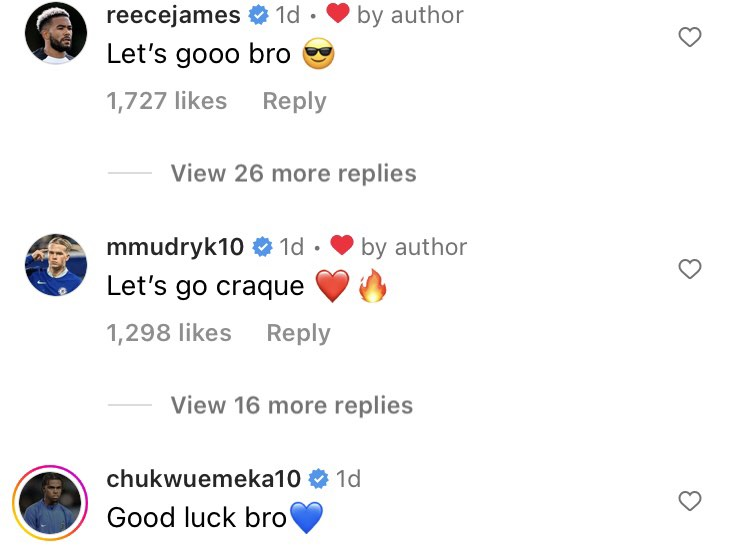 Reece James Instagram response to Andrey Ssantos Reece James and teammates message Andrey Santos on Instagram after he leaves Chelsea on loan