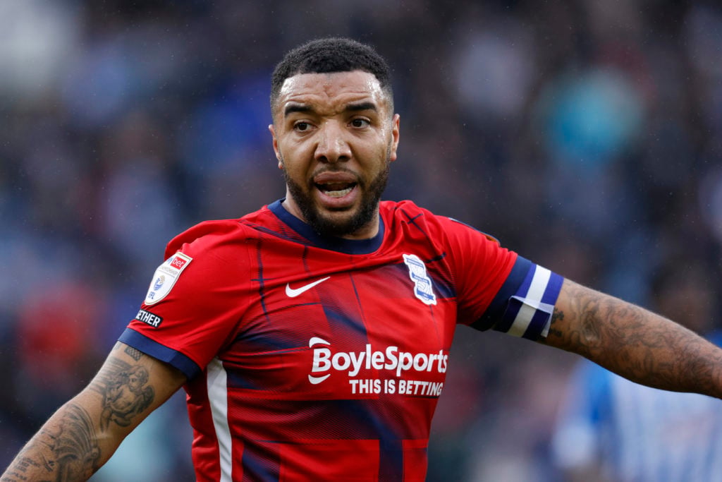 Troy Deeney playing for Birmingham against Huddersfield Town in the Championship.
