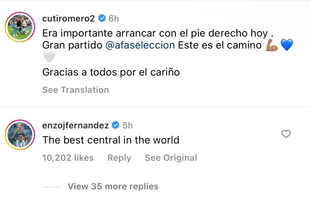 Screengrab of Enzo Fernandez on Cristian Romero's Instagram