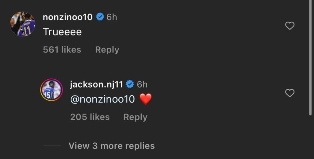 Noni Madueke on Nicolas Jackson's Instagram