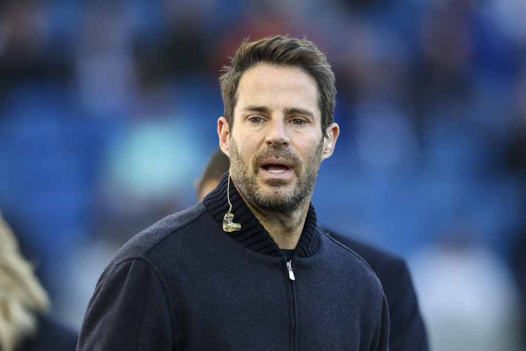 Jamie Redknapp working as a pundit for the Premier League match between Brighton and Manchester City.