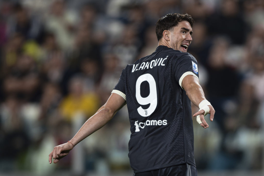 Dusan Vlahovic of Juventus FC gestures during the Serie A