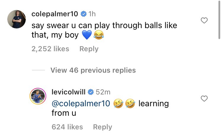 Cole Palmer conversation with Levi Colwill on Instagram Cole Palmer's message to Levi Colwill after his assist in Chelsea's win against Fulham