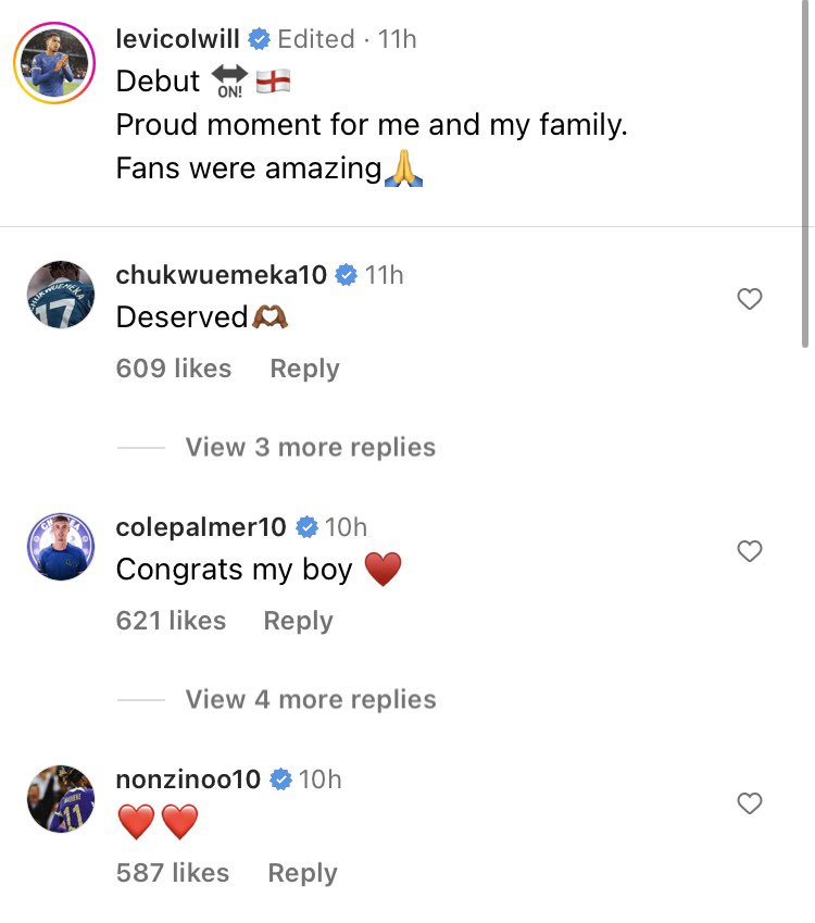 Chelsea teammates respond to Levi Colwill on Instagram after he makes his senior England debut.