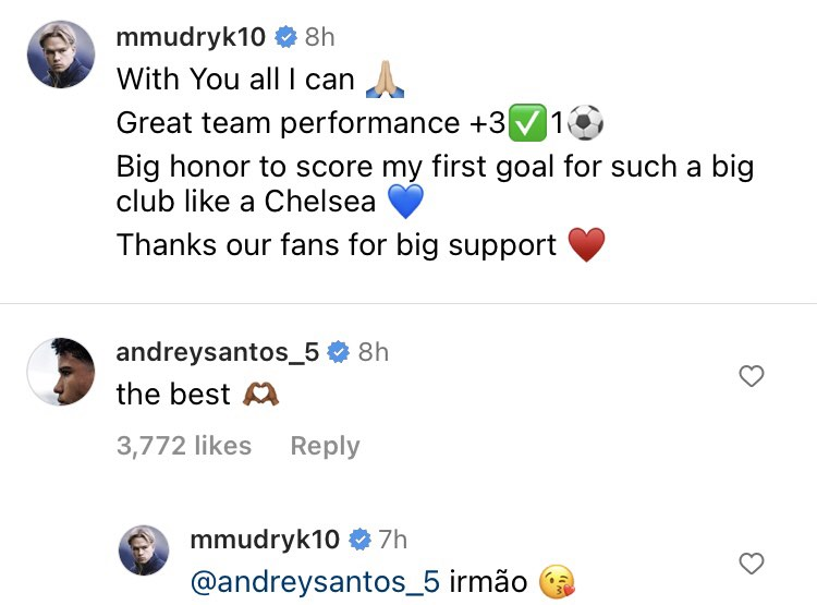 Andrey Santos responds to Mykhailo Mudryk on Instagram 