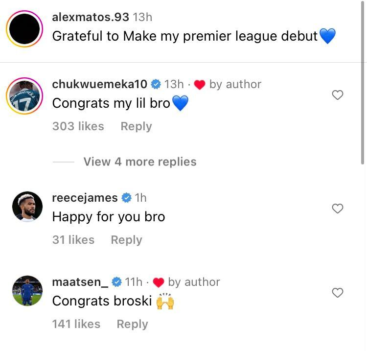 Alex Matos Instagram post after senior Chelsea debut Reece James and Carney Chukwuemeka respond to Alex Matos on Instagram