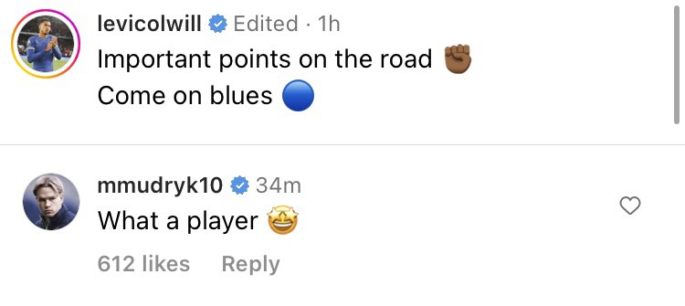 Levi Colwill's Instagram post, Mykhailo Mudryk responds Mykhailo Mudryk responds to Levi Colwill on Instagram