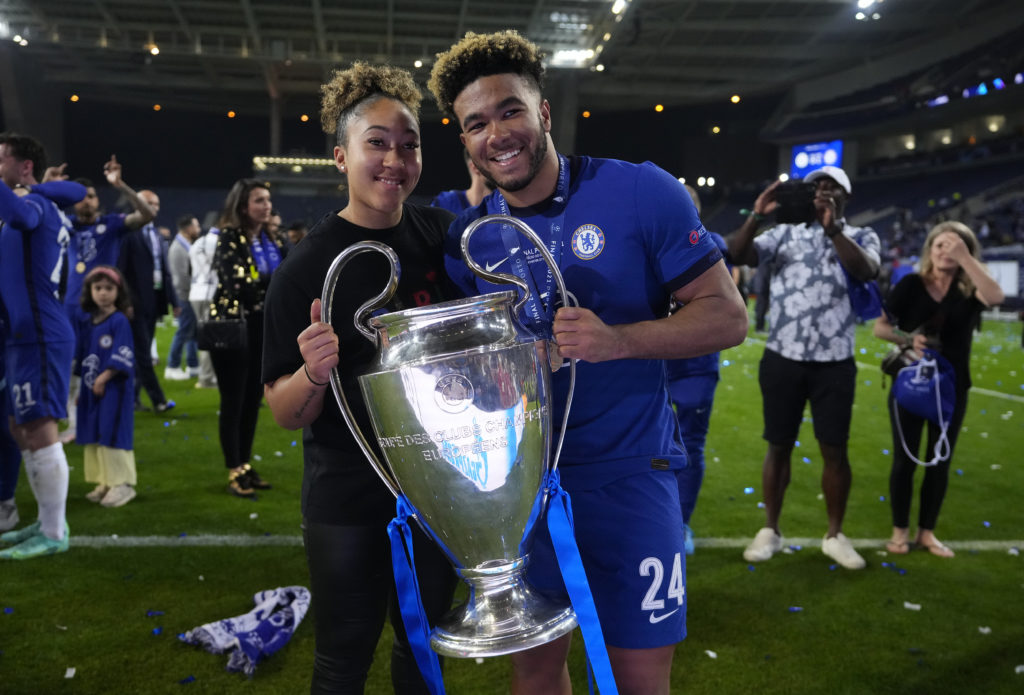 Reece James of Chelsea celebrates with the Champions League Trophy with his Sister, Lauren James