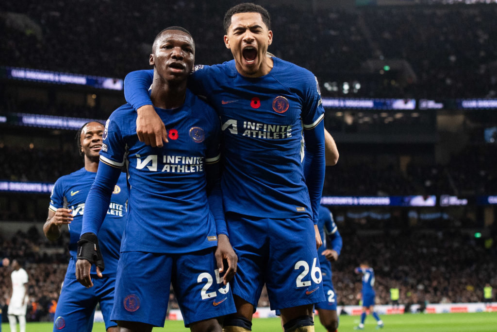 Levi Colwill and Moises Caicedo for Chelsea against Tottenham in the Premier League.