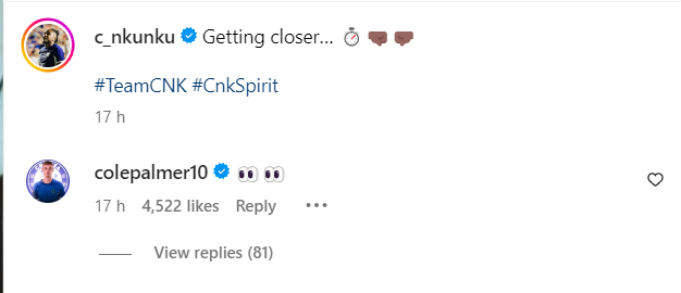 Cole Palmer on Christopher Nkunku's Instagram