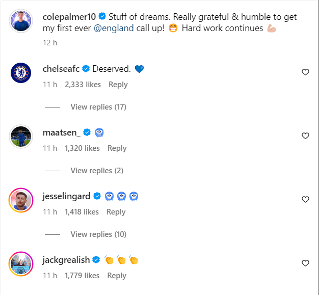 Jesse Lingard and Jack Grealish react to Cole Palmer's Instagram