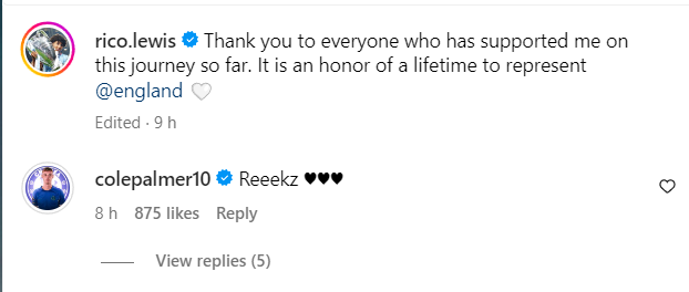 Cole Palmer on Rico Lewis' Instagram